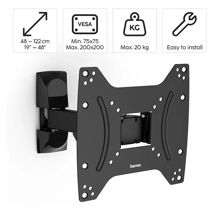 Hama TV-Wandhalterung schwenkbar - Passend für: Bildschirmdiagonale 19 - 48″, 48 - 122 cm, Belastbarkeit: 20 kg, Wandabstand: 5,6 cm - 22,2 cm - Ein schwenkbare TV-Wandhalterung für Geräte von 48 bis 122 cm (19 bis 48 Zoll), VESA-kompatibel und einfach zu installieren.