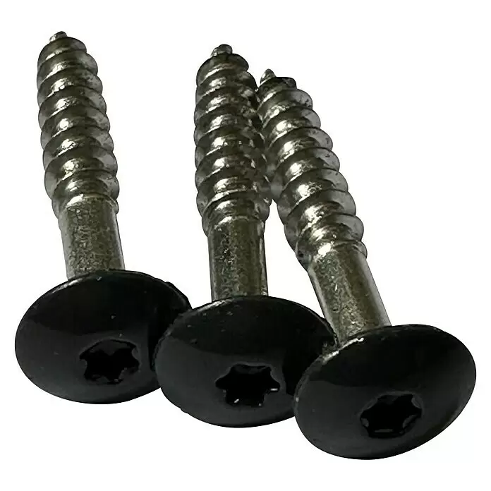 Schäfer + Peters Holzschraube - Ø x L: 5,5 x 35 mm, Anthrazitgrau, 50 Stk. - Drei silberne Metallschrauben mit schwarzen, gewölbten Köpfen und Sternantrieb.