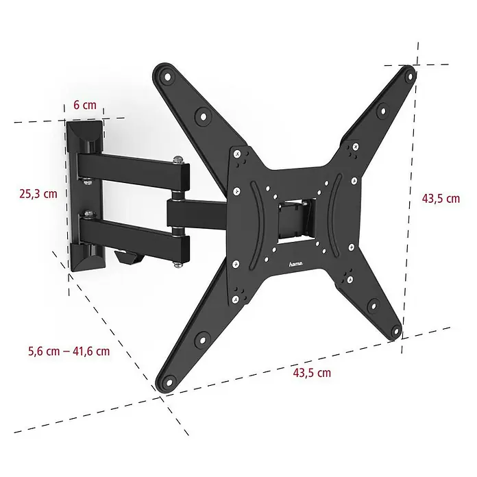 Hama TV-Wandhalterung schwenkbar - Passend für: Bildschirmdiagonale 32 - 65″, 81 - 165 cm, Belastbarkeit: 25 kg, Wandabstand: 5,6 cm - 41,6 cm - Abbildung einer schwarzen Hama TV-Wandhalterung mit Abmessungen, die die Vielseitigkeit und Kompatibilität des Produkts hervorheben.