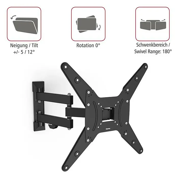 Hama TV-Wandhalterung schwenkbar - Passend für: Bildschirmdiagonale 32 - 65″, 81 - 165 cm, Belastbarkeit: 25 kg, Wandabstand: 5,6 cm - 41,6 cm - Abbildung einer schwarzen Hama TV-Wandhalterung, die eine Neigung von +/- 5/12°, eine Rotation von 0° und einen Schwenkbereich von 180° ermöglicht.