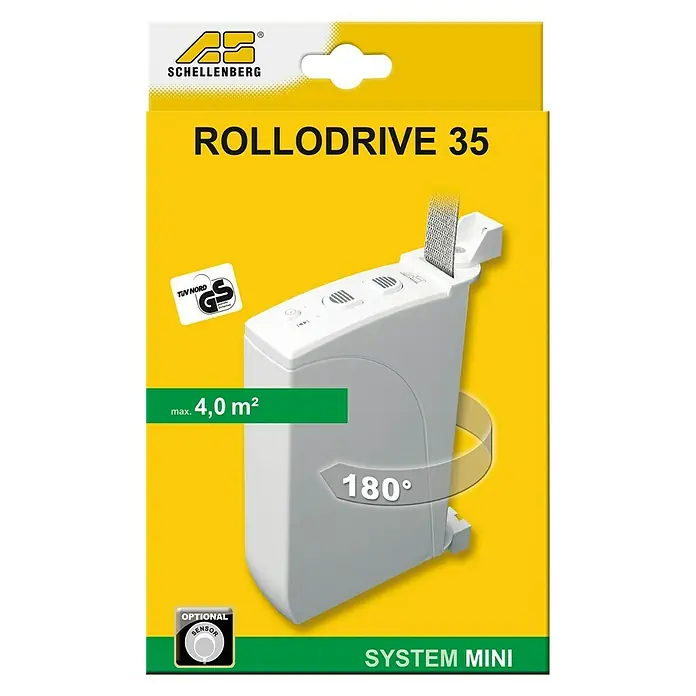Schellenberg Rollodrive Recogedor de cinta de persiana 35 - L x An x Al: 19,9 x 13,5 x 3,85 cm, Apto para: Mini sistemas de persianas enrollables - Imagen del Schellenberg RolloDrive 35, un enrollador de cinta automático para persianas enrollables de hasta 4,0 m².