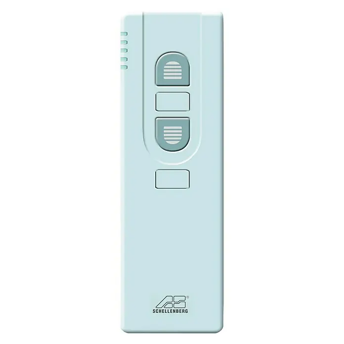 Schellenberg Control remoto con 5 canales - Blanco, Específico para: Enrollador de cable para persianas Schellenberg - Primer plano de un control de persiana Schellenberg azul claro con múltiples botones de operación y el logotipo de Schellenberg.