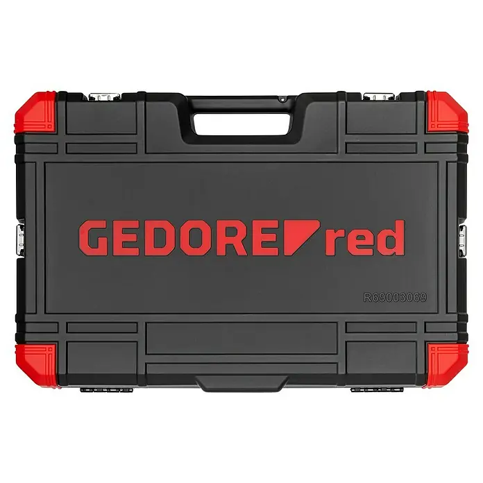 Gedore red Steckschlüssel-Set - 69 -tlg. - Werkzeugkoffer von GEDORE red. Der Koffer ist schwarz mit roten Akzenten und dem GEDORE red Logo. Perfekt für die Aufbewahrung von Werkzeugen.