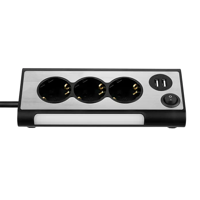 REV Steckdosenleiste Light Socket - Silber, Kabellänge: 1,4 m, IP20, Mit Schalter - Steckdosenleiste mit drei Steckdosen und zwei USB-Anschlüssen für vielseitige Stromversorgungslösungen. Praktische Ergänzung für jeden Raum.