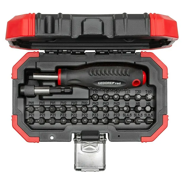 Gedore red Bit-Set - 32 -tlg. - Ein rotschwarzes Gedore red Bit-Set mit Schraubendreher und verschiedenen Bits in einem robusten Koffer, ideal für Heimwerker und Profis.