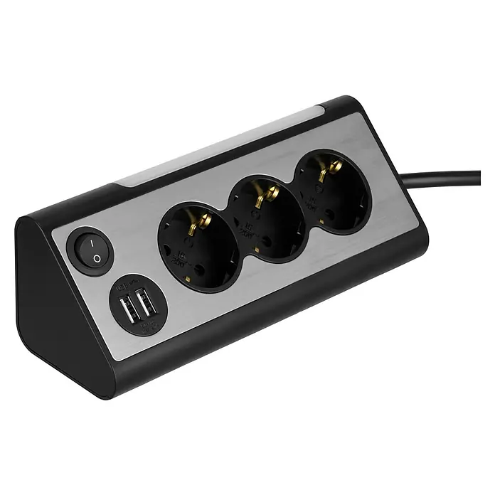 REV Steckdosenleiste Light Socket - Silber, Kabellänge: 1,4 m, IP20, Mit Schalter - Eine Steckdosenleiste mit drei Steckdosen, zwei USB-Anschlüssen und einem Schalter in Schwarz und Silber.