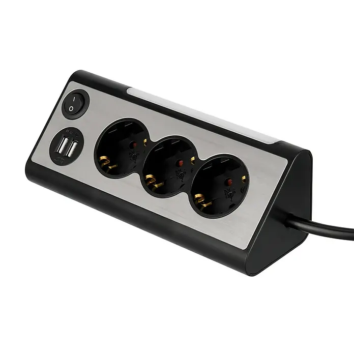 REV Steckdosenleiste Light Socket - Silber, Kabellänge: 1,4 m, IP20, Mit Schalter - Eine Mehrfachsteckdose mit drei Steckplätzen, zwei USB-Anschlüssen und einem Schalter in Silber und Schwarz. Ideal für Büro oder Zuhause.