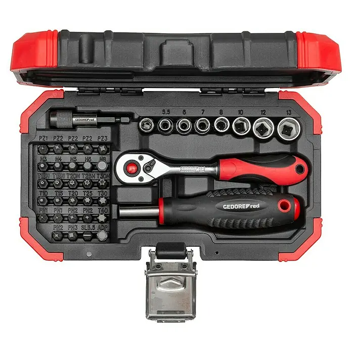 Gedore red Bit-Set - 40 -tlg. - Ein offener Werkzeugkoffer von GEDORE red mit einer Vielzahl von Steckschlüsseln, Bits und einem Schraubendreher, ideal für Reparaturen.