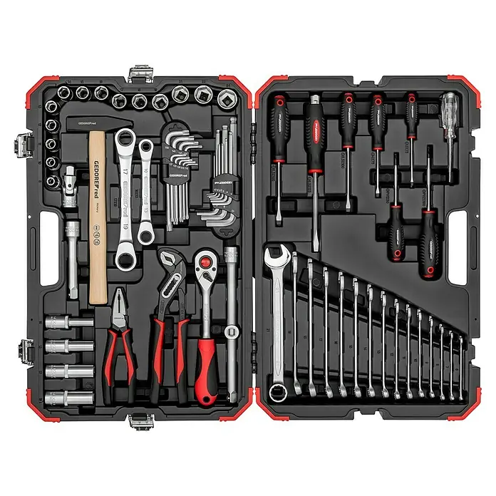 Gedore red Steckschlüssel-Set - 69 -tlg. - Eine Sortimentskiste von GEDORE Red, prall gefüllt mit Werkzeugen, übersichtlich angeordnet für jeden Handwerkerbedarf.