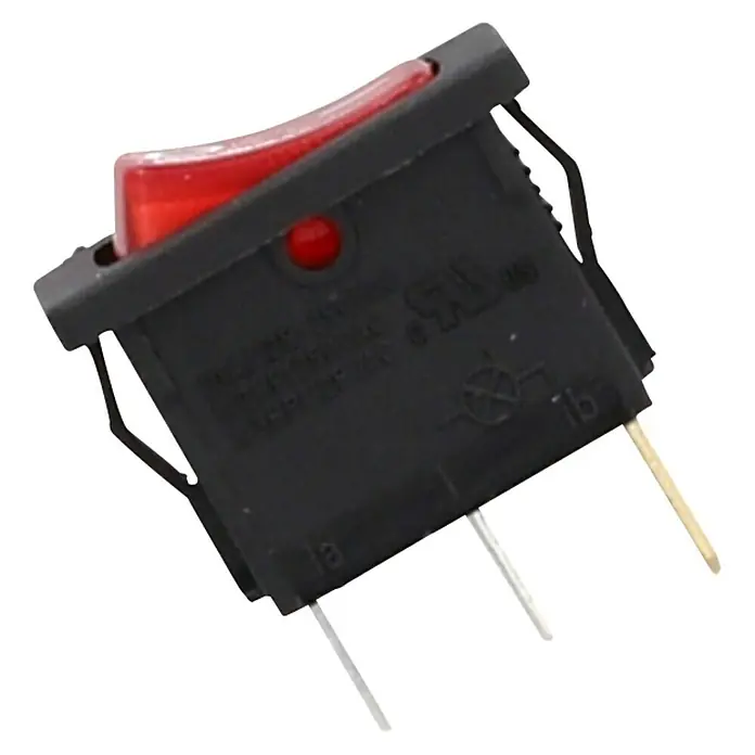 Voltomat Einbau-Wippschalter 1-polig mit Beleuchtung - 250 V, 6 A - Nahaufnahme eines roten Wippschalters mit drei Stiften und schwarzem Gehäuse. Ideal für Elektronikprojekte und Reparaturen.