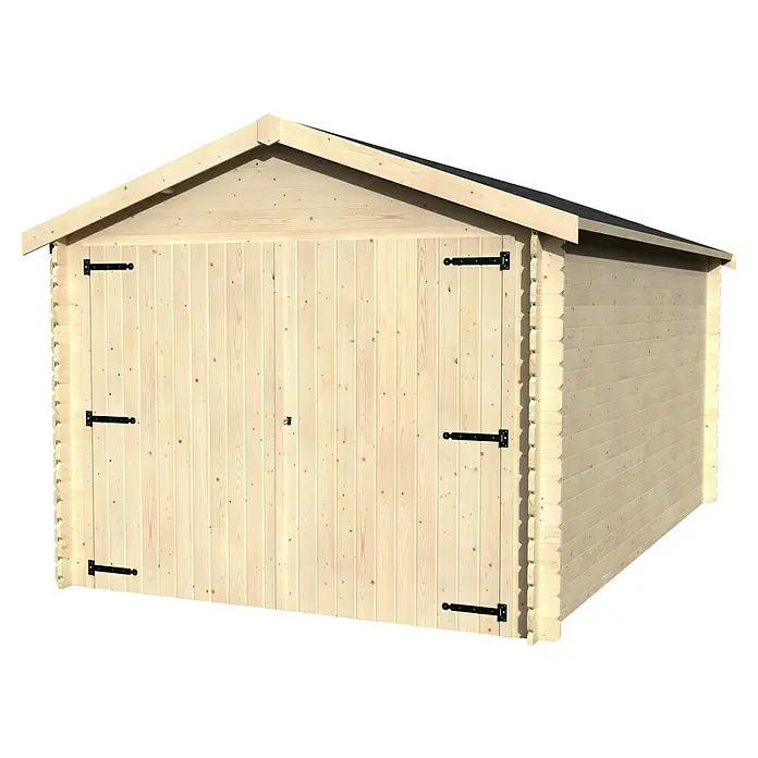Décor et Jardin Garaje Gamache - Medidas ext. (An x Pr): 317 x 495 cm, Espesor de pared: 28 mm, Natural, 15,69 m² - Cobertizo de madera con puertas dobles y herrajes negros. Ideal para jardines, patios o como almacén para herramientas y bicicletas.