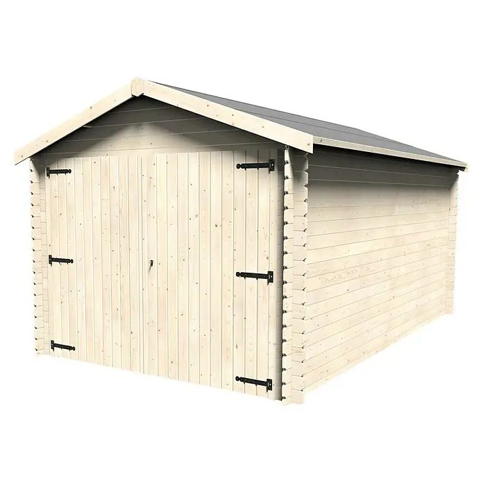 Décor et Jardin Garaje Gamache - Medidas ext. (An x Pr): 317 x 495 cm, Espesor de pared: 28 mm, Natural, 15,69 m² - Vista exterior de un kit de garaje de madera con puertas dobles y techo a dos aguas. Ideal para almacenamiento seguro de vehículos y equipos.