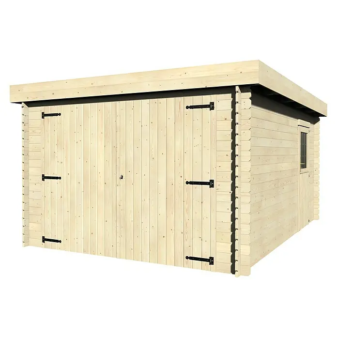 Décor et Jardin Garaje Galan - Medidas ext. (An x Pr): 349 x 481 cm, Espesor de pared: 28 mm, Natural, 16,79 m² - Un garaje de madera espacioso con puertas dobles y una pequeña ventana, ideal para guardar vehículos y herramientas de forma segura.