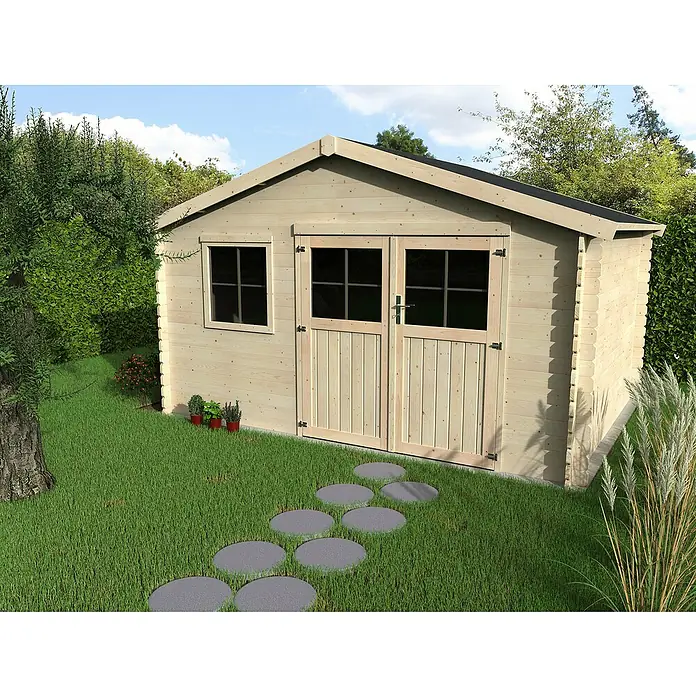 Décor et Jardin Caseta de jardín Flodeal - Medidas ext. (An x Pr): 419 x 302 cm, Espesor de pared: 28 mm, Natural - Cobertizo de jardín de madera con puertas dobles y ventana. Perfecto para guardar herramientas y muebles de jardín, dando espacio extra.