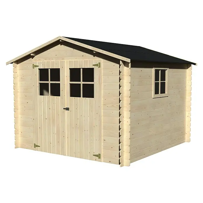 Décor et Jardin Caseta de jardín Mirama - Medidas ext. (An x Pr): 283 x 272 cm, Espesor de pared: 19 mm, Natural - Caseta de jardín de madera clara con techo negro, puerta doble con ventanas y pequeña ventana lateral para herramientas de jardinería.