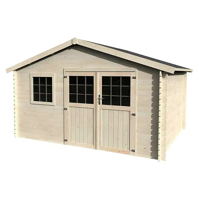 Décor et Jardin Caseta de jardín Frévent - Medidas ext. (An x Pr): 427 x 331 cm, Espesor de pared: 28 mm, Natural - Una caseta de jardín de madera clara con puerta doble y ventana, que ofrece un amplio espacio de almacenamiento.