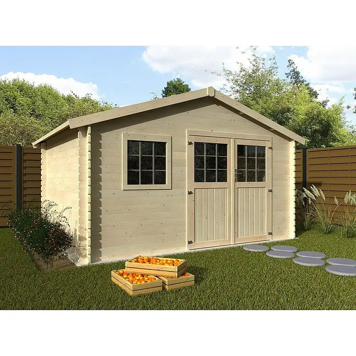 Décor et Jardin Caseta de jardín Frévent - Medidas ext. (An x Pr): 427 x 331 cm, Espesor de pared: 28 mm, Natural - Una caseta de jardín de madera amplia y luminosa con puertas dobles y una ventana, rodeada de vegetación, que ofrece un amplio espacio de almacenamiento y luz natural.