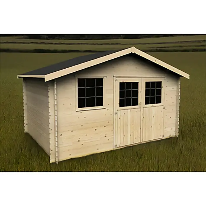 Décor et Jardin Caseta de jardín Floran - Medidas ext. (An x Pr): 430 x 402 cm, Espesor de pared: 28 mm, Natural - Una caseta de jardín de madera clara con techo oscuro, perfecta para integrarse en el entorno verde y ofrecer espacio de almacenamiento adicional.