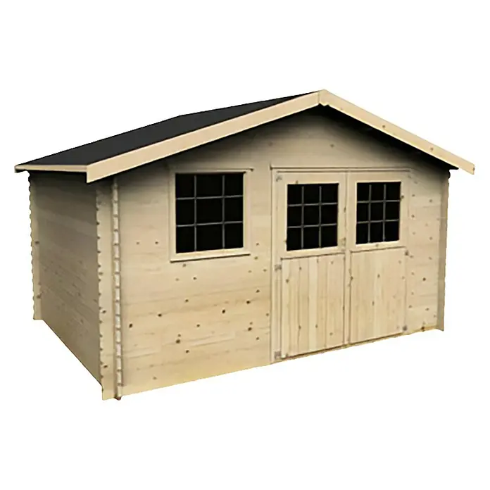 Décor et Jardin Caseta de jardín Floran - Medidas ext. (An x Pr): 430 x 402 cm, Espesor de pared: 28 mm, Natural - Un cobertizo de jardín de madera con techo oscuro, ventana y puerta doble presenta una solución exterior natural y práctica.