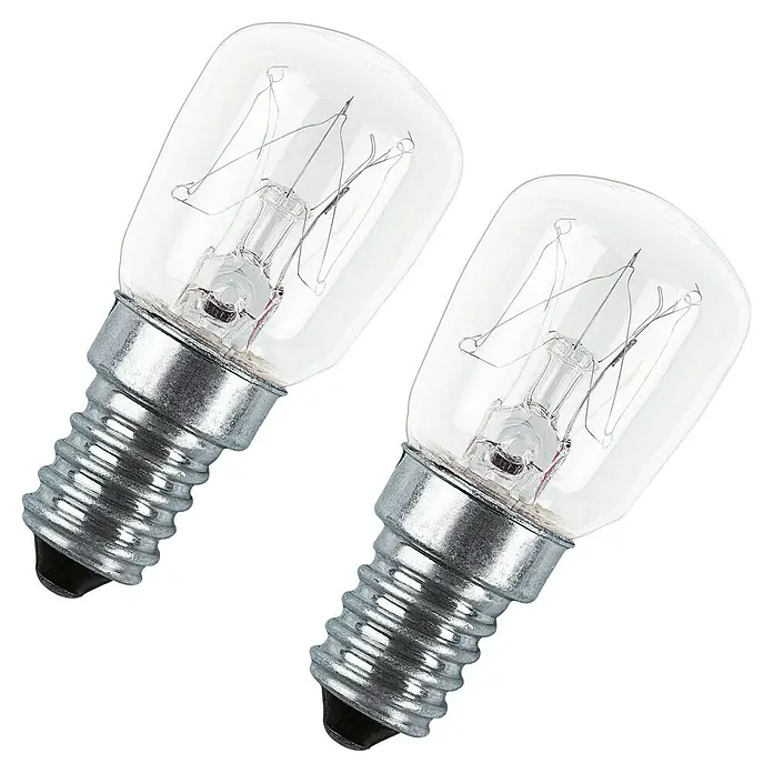 Osram LED-Lampe Parathom Special T26 - E14, Dimmbar, Warmweiß, 160 lm, 25 W - Zwei kleine Glühbirnen mit E14-Sockel, ideal für Backöfen oder Nähmaschinen, auf schwarzem Hintergrund.