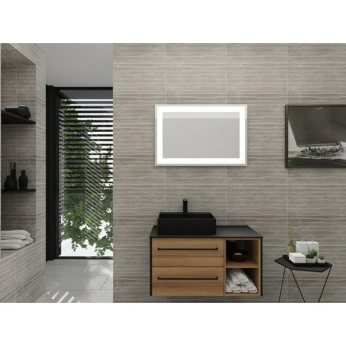 Lanzet Q4 Aufsatzwaschbecken - 50 x 42 cm, Schwarz - Modernes Badezimmer mit Waschtischunterschrank in Holzoptik, schwarzem Waschbecken und beleuchtetem Spiegel. Graue Fliesen an den Wänden.