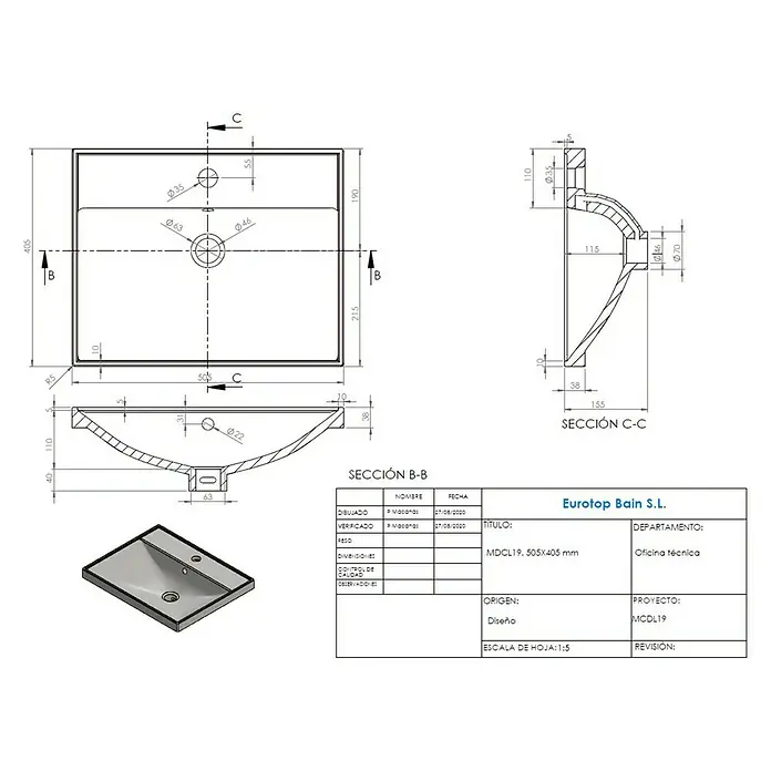 Lavabo Nix - 51 x 39 cm, Orificios para grifo: Medio, Con desbordamiento, Blanco - Dibujo técnico de un lavabo Eurotop Bain S.L. MDCL19, dimensiones 505x405mm, con vistas y medidas detalladas.