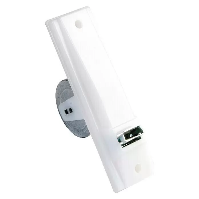 Recogedor de cinta de persiana de embutir - Empotrado, Anchura de la correa: 22 mm - Conjunto de rodillos de plástico blanco con rueda y clip metálicos, con dos orificios de montaje, para mecanismos deslizantes o cajones.