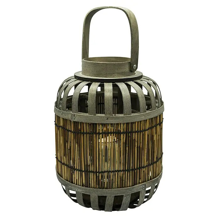 Windlicht Orient - Ø x H: 27 x 40 cm, Braun - Stilvolle graue Holzlaterne mit Bambuseinsatz und Henkel. Sie spendet warmes Licht und ist eine attraktive Dekoration für jeden Raum.