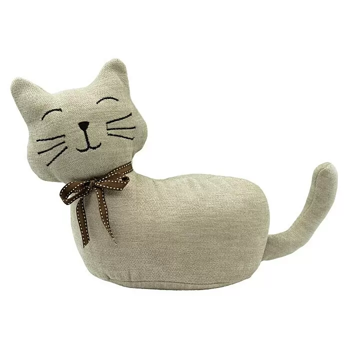 Türstopper - Katze, 33 x 10 x 25 cm - Hellbeige Stoff-Katzen-Türstopper mit gesticktem Gesicht und braunem Band.