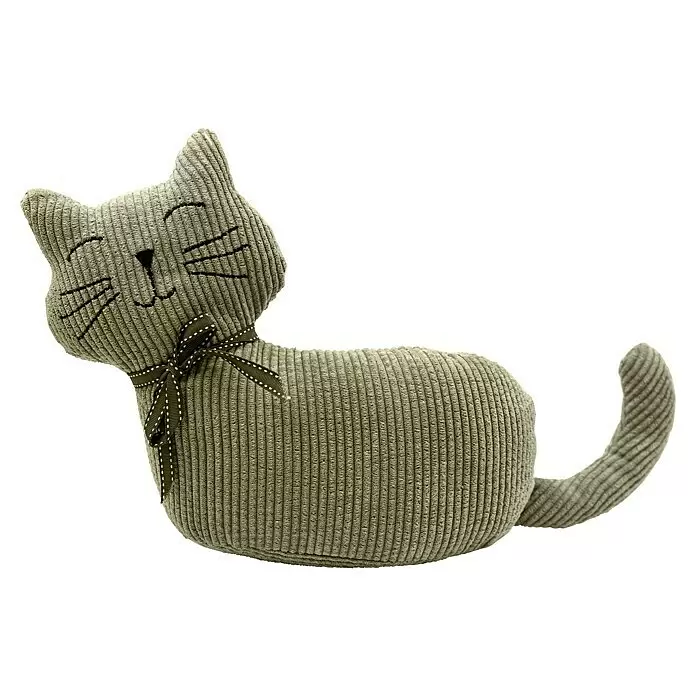 Türstopper - Katze, 33 x 10 x 25 cm - Olivgrüner Cord-Türstopper in Katzenform mit gesticktem Gesicht und Zierschleife.
