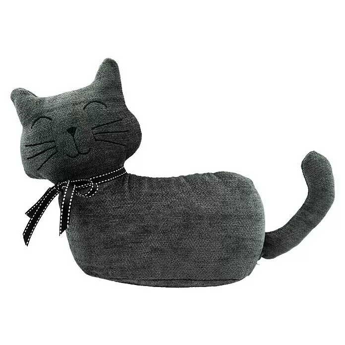 Türstopper - Katze, 33 x 10 x 25 cm - Graues Stoff-Katzenplüschtier mit besticktem Gesicht und schwarz-weiß gepunktetem Band um den Hals.