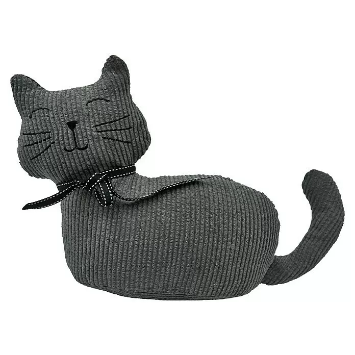 Türstopper - Katze, 33 x 10 x 25 cm - Grauer Kord-Katzen-Türstopper mit schwarz-weiß gepunktetem Band und gesticktem Gesicht.