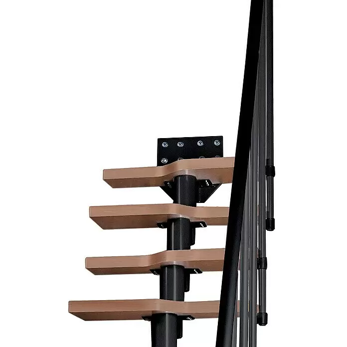 Atrium Raumspartreppe Mini - Farbton Metall: RAL 9005, Breite: 60 cm, Buche, Geschosshöhe: 222 cm - 300 cm - Ausschnitt einer modernen Spindeltreppe mit hellen Holzstufen, schwarzer Mittelstütze und schwarzen Metallgeländerstäben.
