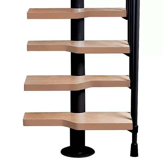 Atrium Raumspartreppe Mini Vertical - Farbton Metall: RAL 9005, Breite: 60 cm, Buche, Geschosshöhe: 222 cm - 300 cm - Wendeltreppe mit hellen Holzstufen, schwarzer Mittelsäule und Geländer.