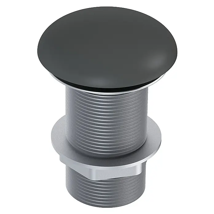 Inspira Ablaufventil - 1 ¼″, Anthracite, Permanent geöffnet - Schwarzer Push-Open-Ventilstopfen für Waschbecken mit Gewinde und silberfarbenem Finish.