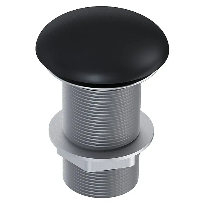 Inspira Ablaufventil - 1 ¼″, Black, Permanent geöffnet - Nahaufnahme eines schwarzen Abfallstopfens mit silbernem Gewindeschaft, der ein funktionales und stilvolles Design für moderne Badezimmer zeigt.