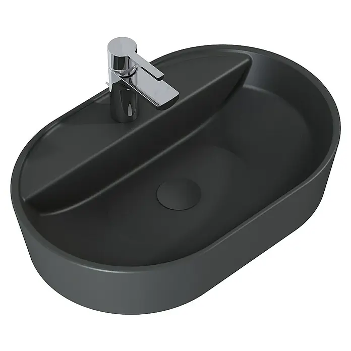 Inspira Ablaufventil - 1 ¼″, Anthracite, Permanent geöffnet - Elegantes, ovales Waschbecken in Grau mit Armatur. Ein stilvolles Detail für jedes moderne Badezimmer.