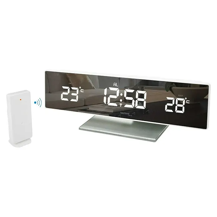 Technoline Thermometer Temperaturstation WS 6815 - Anzeige: LED, Netzbetrieben, Silber, 4,2 x 25,8 x 8 cm - Digitaler Wecker mit Innen- und Außentemperaturanzeige und Funksensor zur genauen Messung der Temperatur im Innen- und Außenbereich.