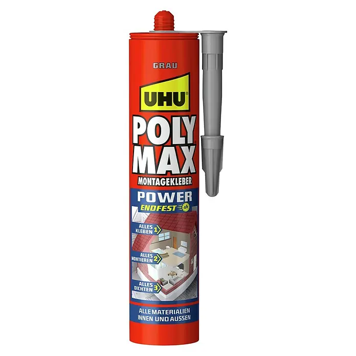 UHU Poly Max Montagekleber Power - Grau, 425 g, Kartusche - UHU Poly Max Power Montagekleber, ein vielseitiger Baukleber für Innen- und Außenbereiche, ideal zum Kleben, Montieren und Abdichten.