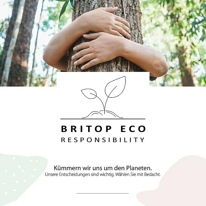 Britop Lighting Boho Tischleuchte - 25 W, L x B x H: 13 x 13 x 29 cm, Schwarz, Beige, E27 - Ein Mensch umarmt einen Baum mit dem Text "BRITOP ECO RESPONSIBILITY", der unser Engagement für den Planeten hervorhebt.