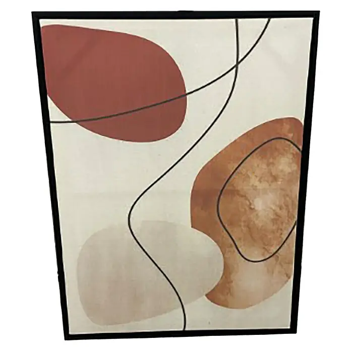 Leinwandbild - Svea I, B x H: 58 x 78 cm - Ein gerahmtes abstraktes Kunstwerk mit roten, braunen und beigen Formen, die durch schwarze Linien akzentuiert werden.