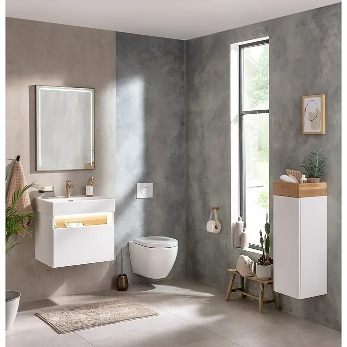Camargue Nature Einbauwaschbecken60 x 45 cm, Weiß - Modernes Badezimmer mit weißem Waschtischunterschrank, wandhängendem WC und Spiegel mit Beleuchtung für ein stilvolles Ambiente.