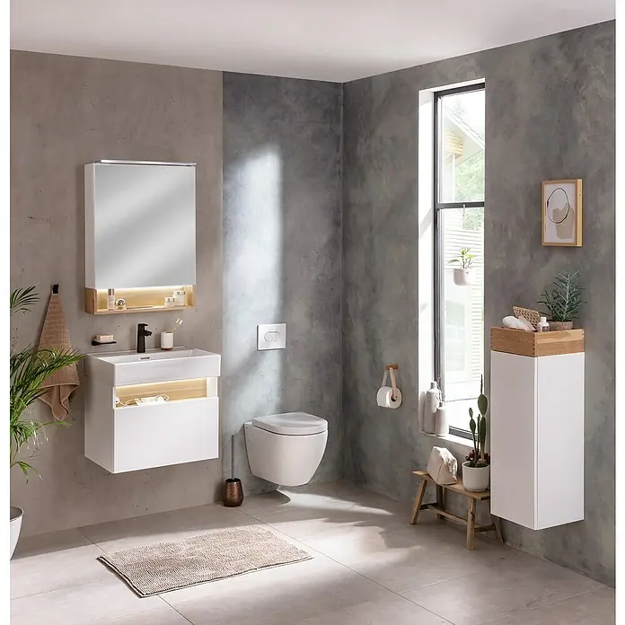 Camargue Nature Einbauwaschbecken60 x 45 cm, Weiß - Ein Badezimmer mit einem modernen weißen Waschtisch, Spiegelschrank und einer hängenden Toilette für ein minimalistisches Design.