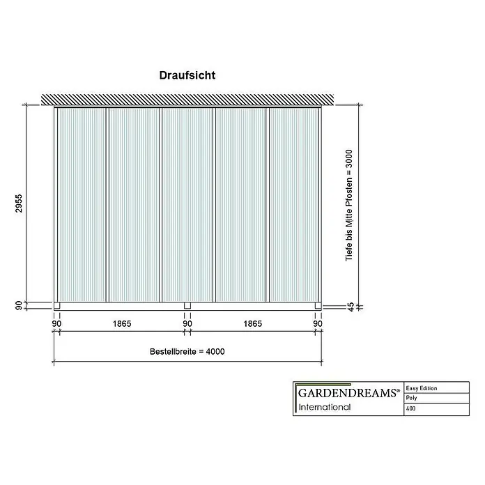 Gardendreams Terrassenüberdachung Gartenzimmer - B x T: 400 x 304,5 cm, Anthrazitgrau, Polycarbonat, Opal - Draufsicht des Gartenhauses Easy Edition Poly 400, mit Maßen und Bestellbreite.