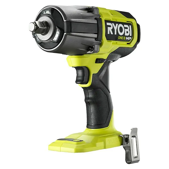 Ryobi ONE+HP Akku-Schlagschrauber RIWH18X-0 Performance - 18 V, Ohne Akku, 1.000 Nm - Nahaufnahme eines Ryobi ONE+ HP Akku-Schlagschraubers, der für schwere Anwendungen konzipiert ist und über LED-Leuchten verfügt.