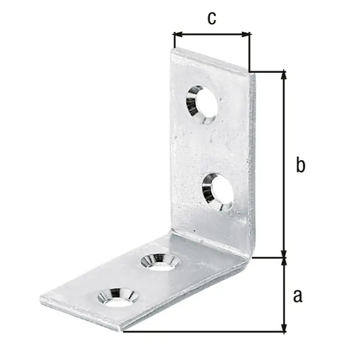 Stabilit Stuhlwinkel - L x B x H: 30 x 14 x 30 mm, 1 Stk., Stahl - Winkelverbinder mit Beschriftung der Abmessungen a, b und c. Das Metallteil hat Löcher für Schrauben und ist im rechten Winkel gebogen.