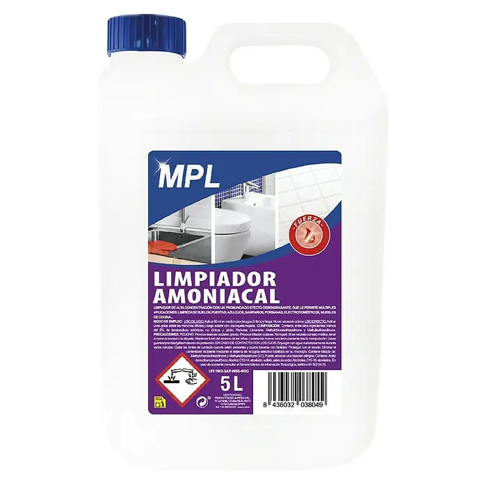 MPL Limpiador de superficies Amoniacal - 5 l - Imagen de un bidón de 5L de limpiador amoniacal MPL, un limpiador altamente concentrado para diversas superficies del hogar.