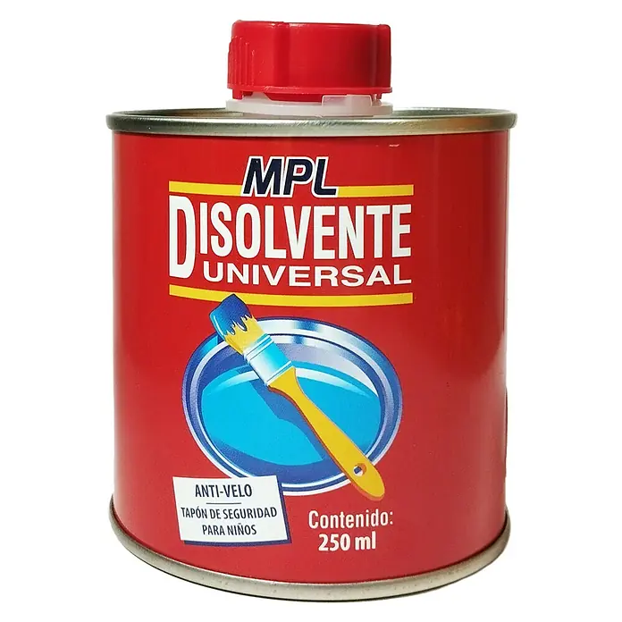 MPL Disolvente líquido Universal - 250 ml - Lata de disolvente universal MPL, 250 ml, con tapón rojo e imagen de brocha, para aplicaciones versátiles y seguridad infantil.