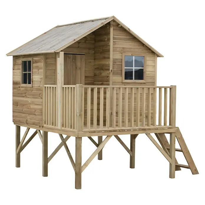 Spielhaus Jeremy - L x B x H: 175 x 226 x 250,5 cm, Holz, Natur - Bild eines Holzspielhauses auf Stelzen mit Geländer und Treppe, ideal für Kinder zum Spielen und Entdecken im Garten.