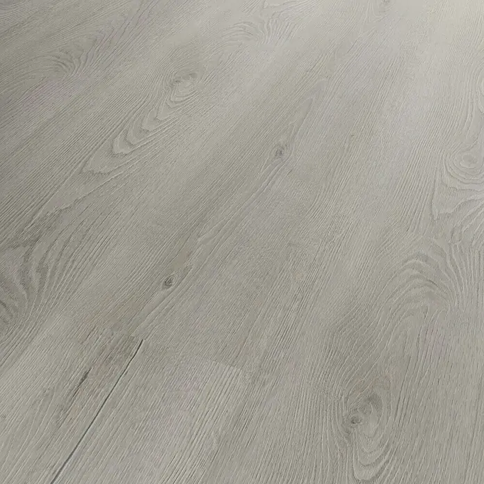 b!design Vinylbodenmuster SPC Silent Springfield - 280 x 160 x 4,8 mm, Landhausdiele - Nahaufnahme eines modernen, grauen Laminatbodens mit feiner Holzstruktur und natürlicher Optik. Ideal für stilvolle Innenräume.